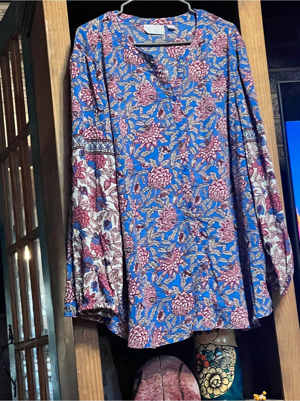 Belle by Kim Gravel Blue Floral V-Neck Tunic with Pink Flowers